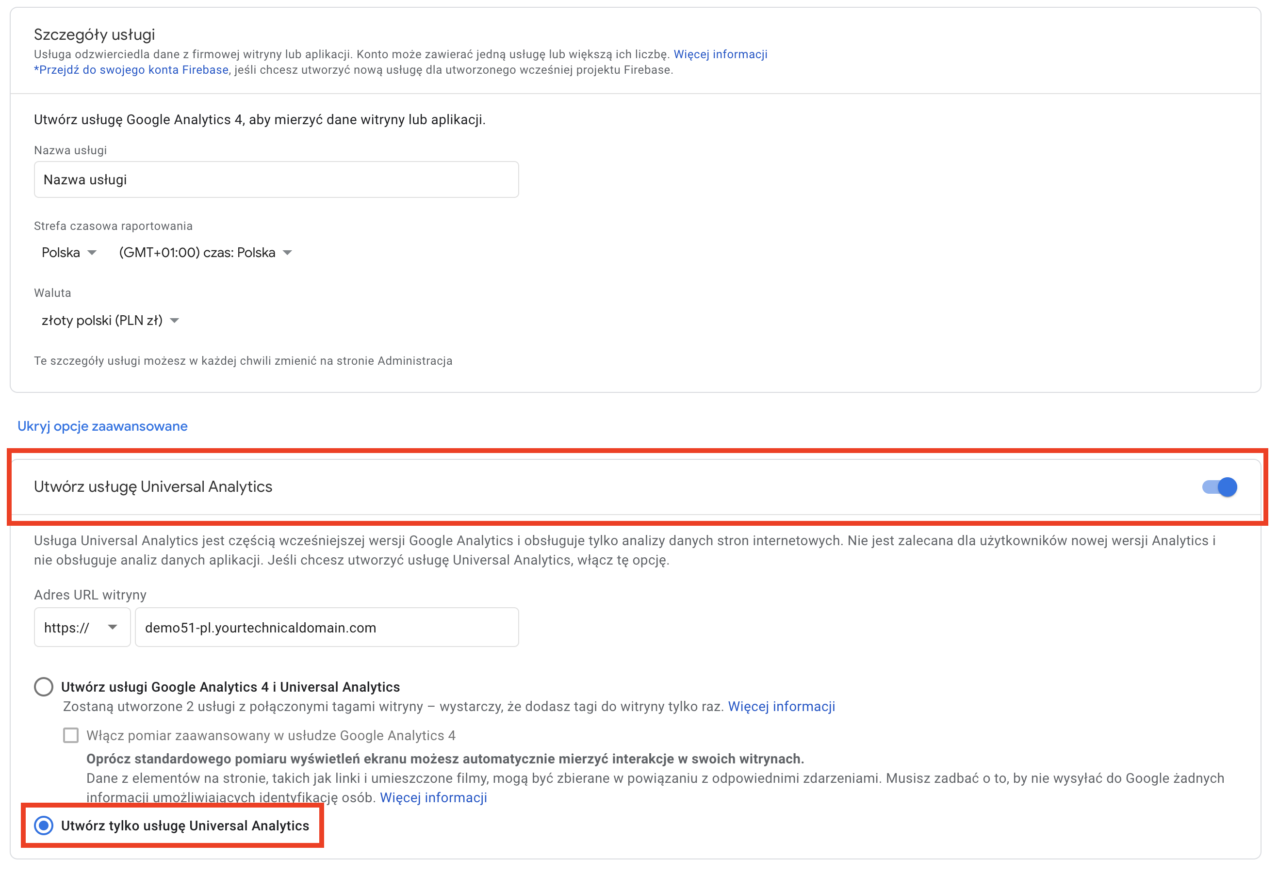 Zaznacz usługę Universal Analytics