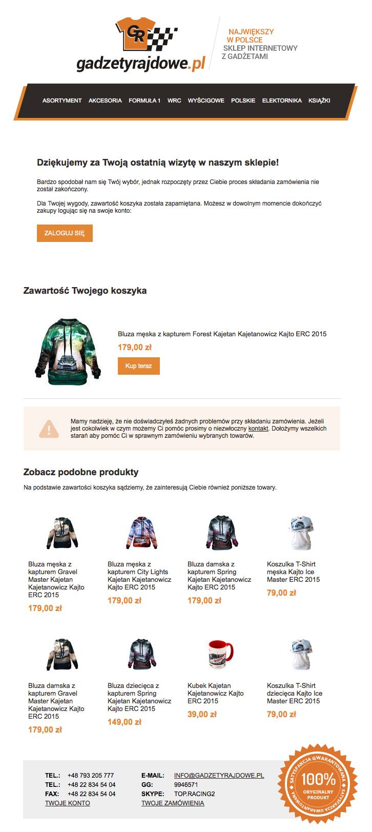 rekomendacje produktowe mail o porzuconym koszyku