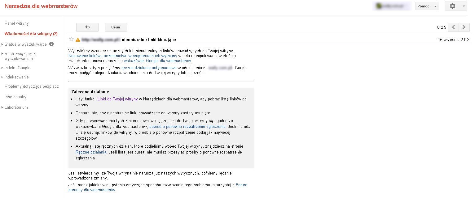 Przykładowa informacja od Google, która mówi o nałożenia na sklep internetowy filtra.