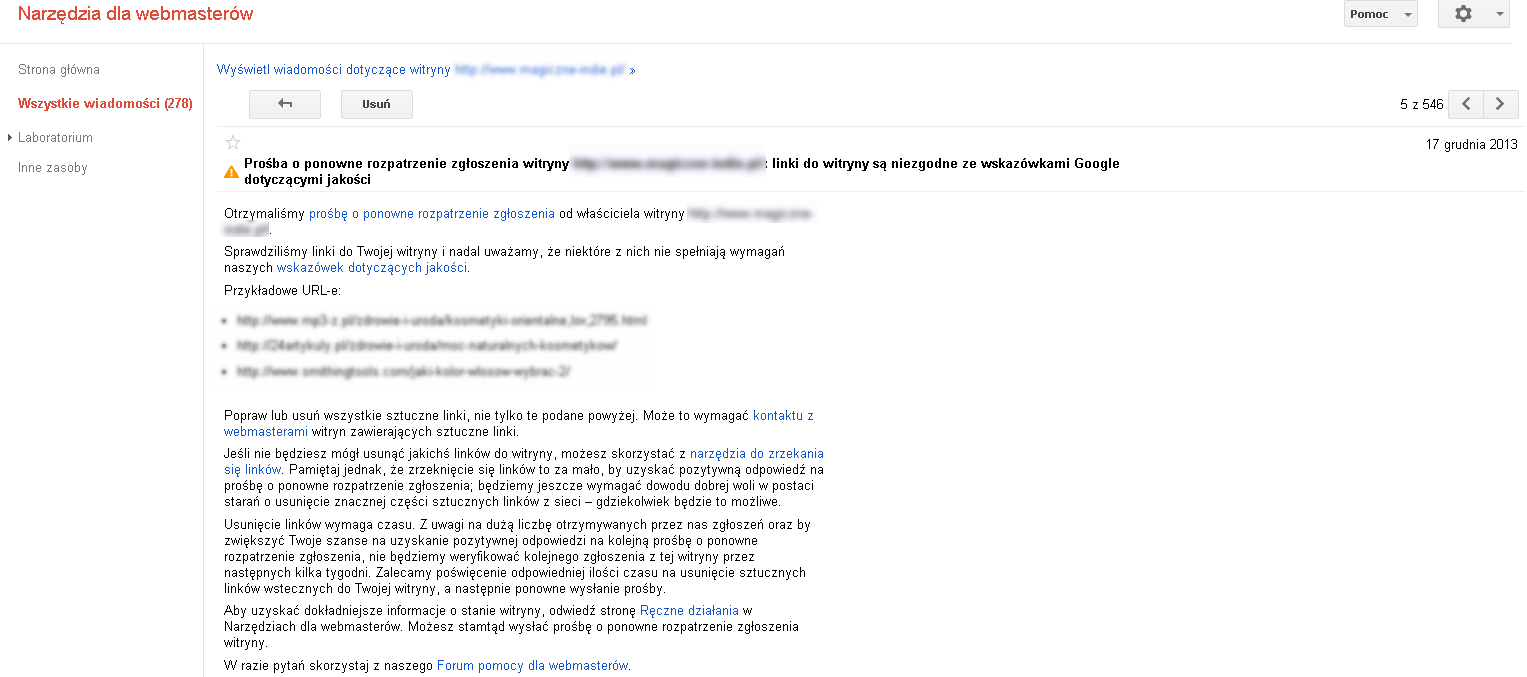 Przykładowa informacja  od Google o podtrzymaniu filtra