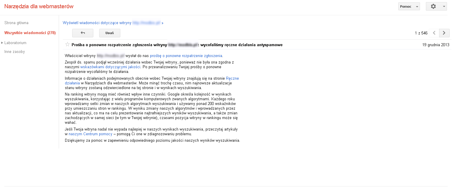 Wiadomość od Google o wycofaniu filtra.