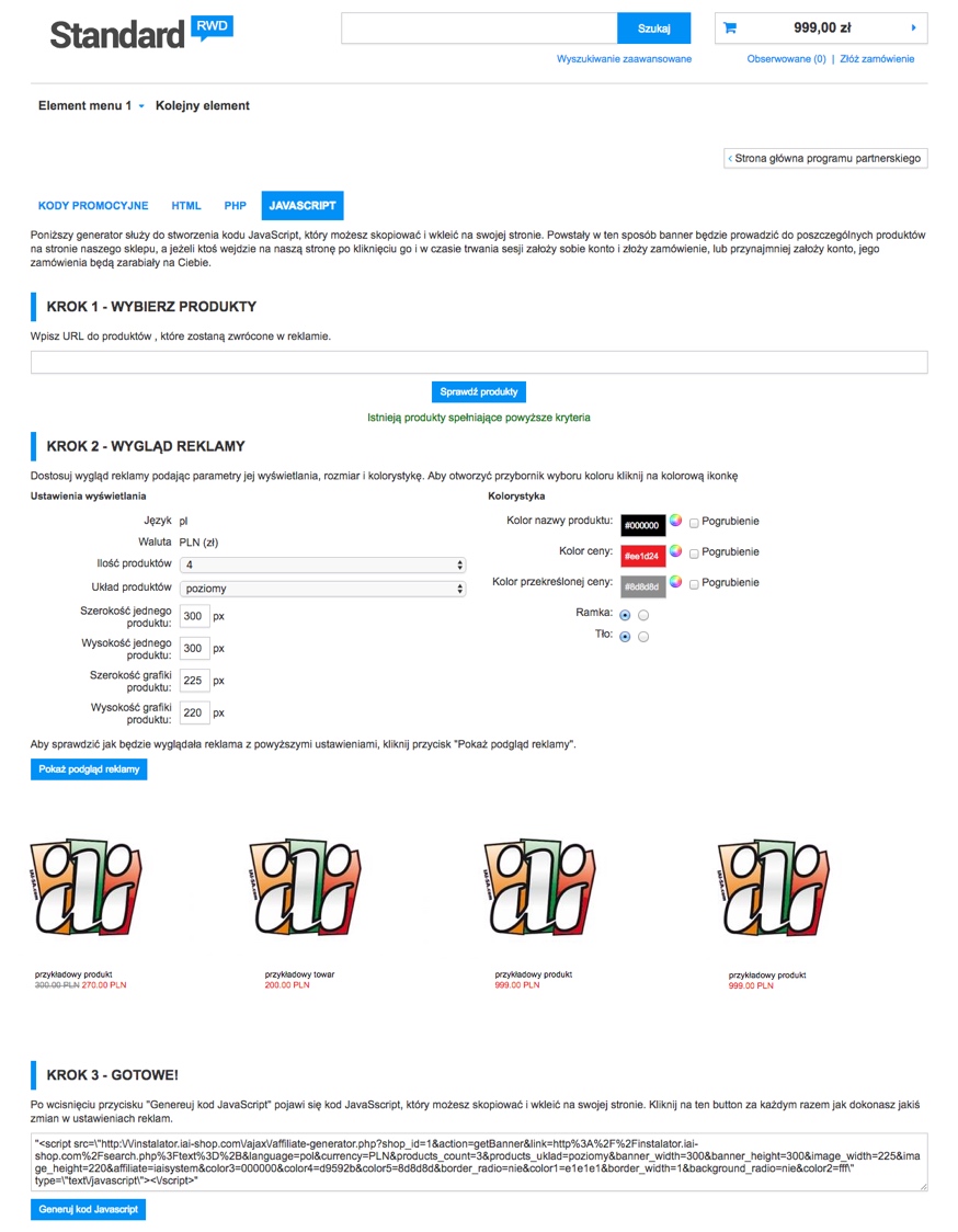 Generator gotowego kodu do wklejenia np. na blogu partnera - program partnerski IdoSell Shop
