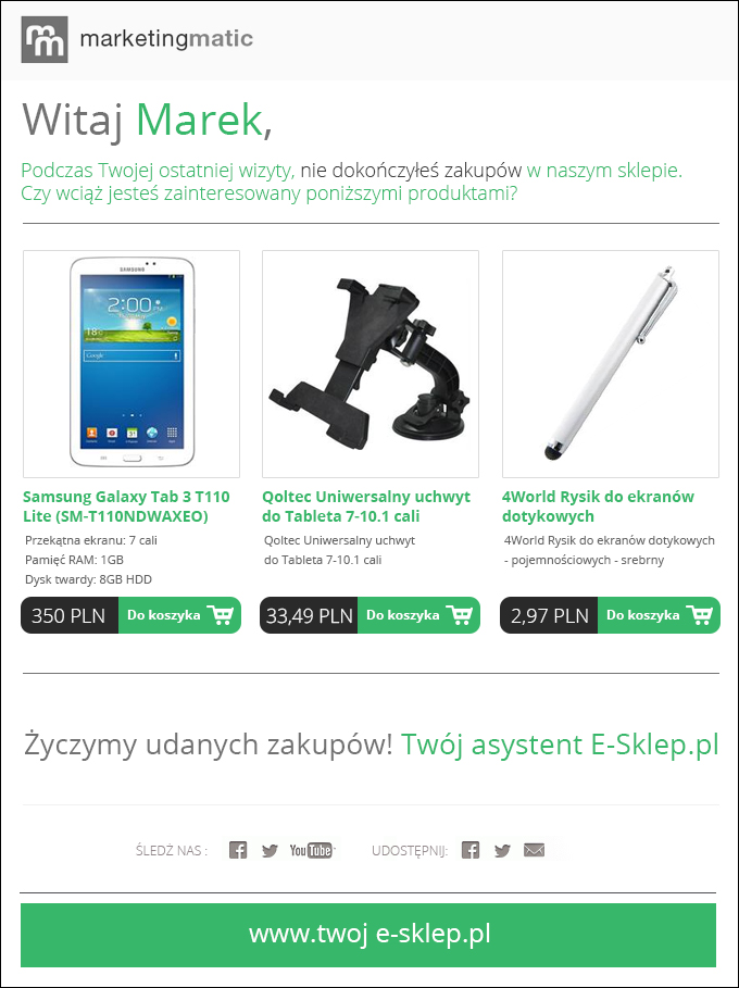 Lista towarów w e-mailu przypominającym o porzuconym koszyku