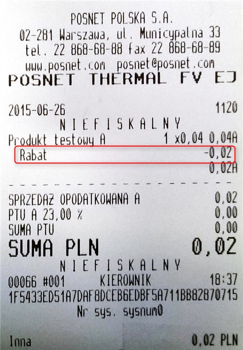 Rabat kwotowy drukowany na paragonie fiskalnym
