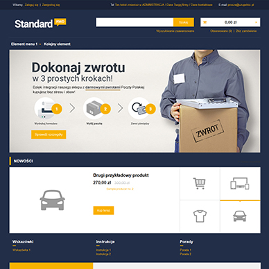 Schemat kolorystyczny template STANDARD sklepu IdoSell: kolor granatowo-żółty