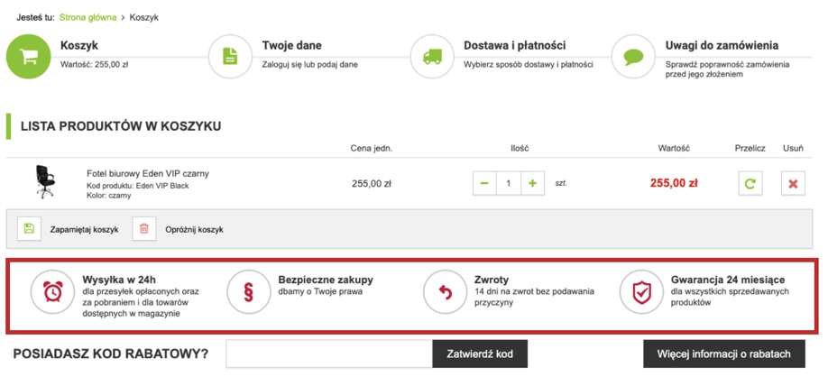 Informacje na stronie koszyka
