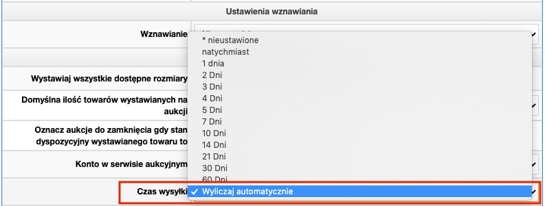 czas - Czas wysyłki automatyczny