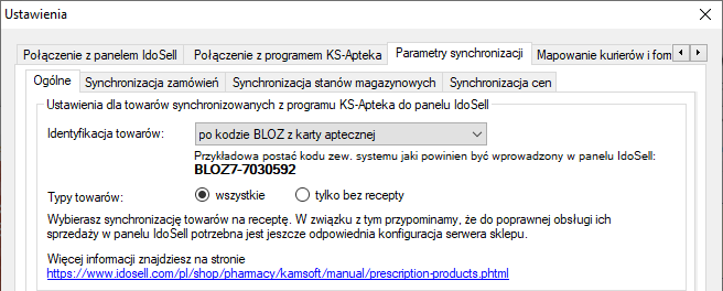 IdoSell Kamsoft Bridge - Wybór typów oraz sposobu identyfikacji towarów
