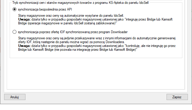 IdoSell Kamsoft Bridge - Wybór trybu synchronizacji danych