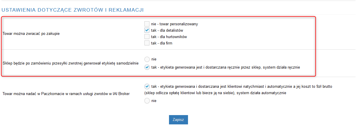 Ustawienia dotyczące zwrotów i reklamacji, IdoSell