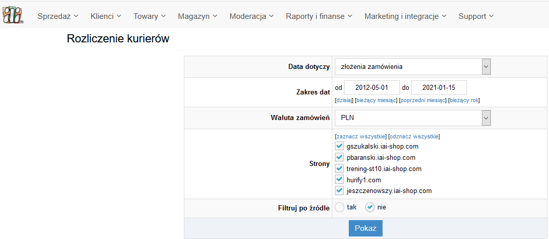 Parametry raportu rozliczeń kurierów, IdoSell, Kurierzy, przesyłki