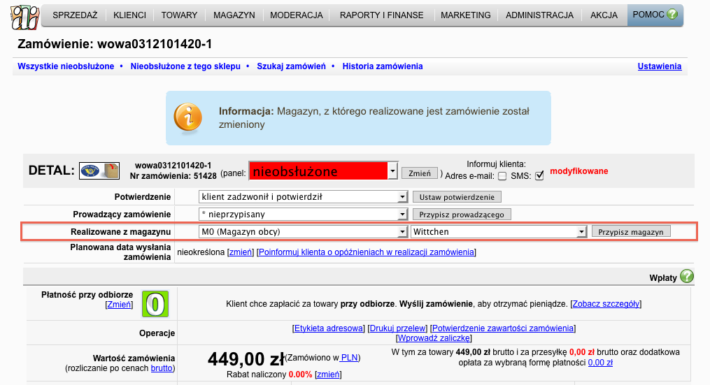 Pic. 1 - Widok na zamówienie realizowane jako drop shipping (wysyłkę przez dostawcę).