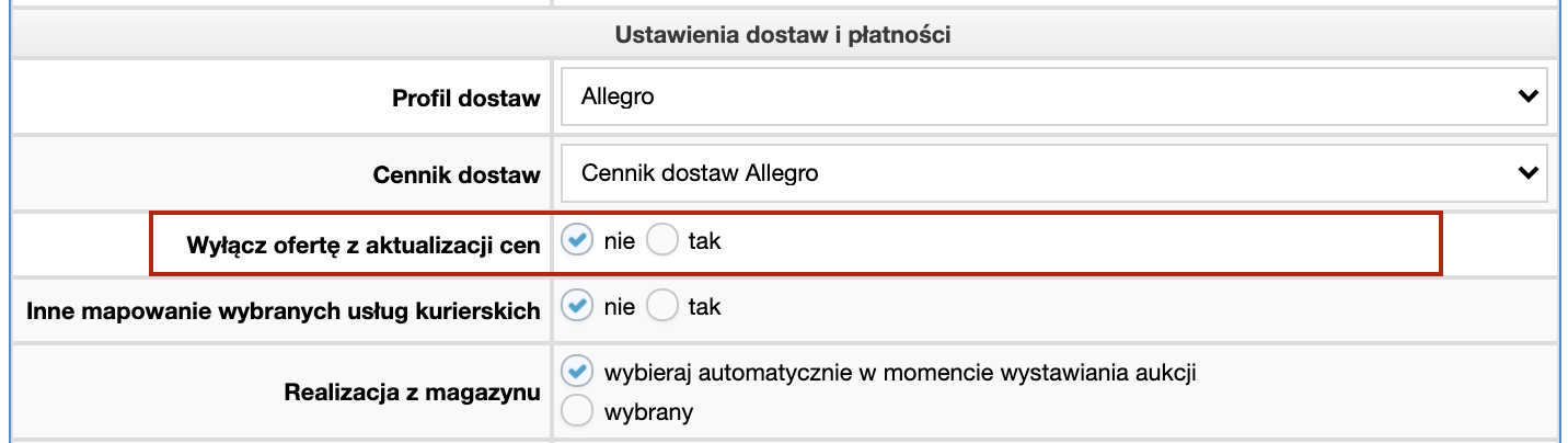 Wyłączenie aktualizacji cen - Wyłączenie aktualizacji cen