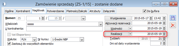 Data realizacji na dokumencie ZS