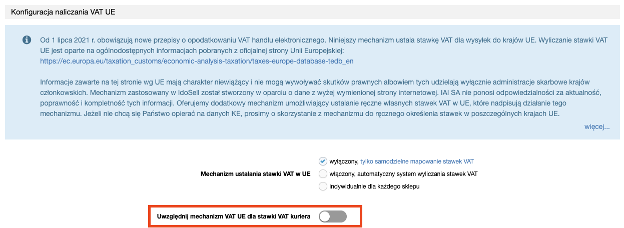Przełącznik opcji VAT dla kurierów