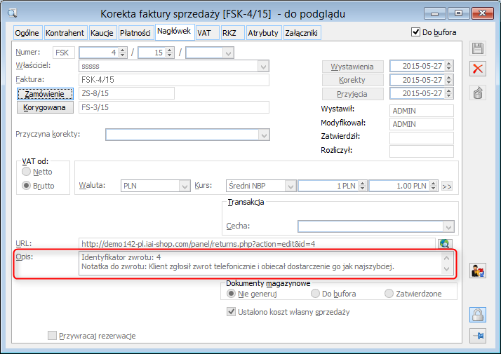 Treść notatki w programie ERP XL - Treść notatki na dokumencie faktury korygującej w programie ERP XL