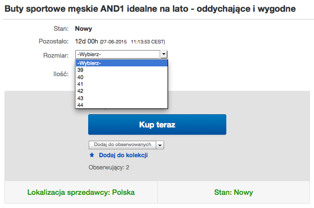 Aukcja wielowariantowa - wygląd pola wyboru rozmiaru w ofercie butów na eBay