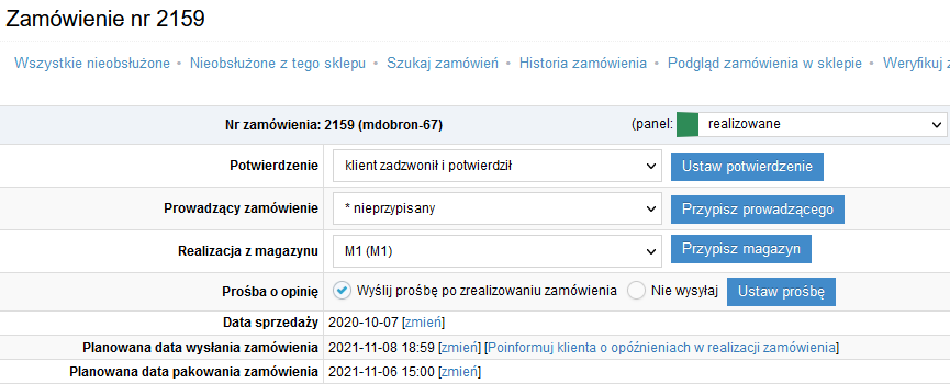 Edycja zamówienia / Pole planowanej daty pakowania zamówienia