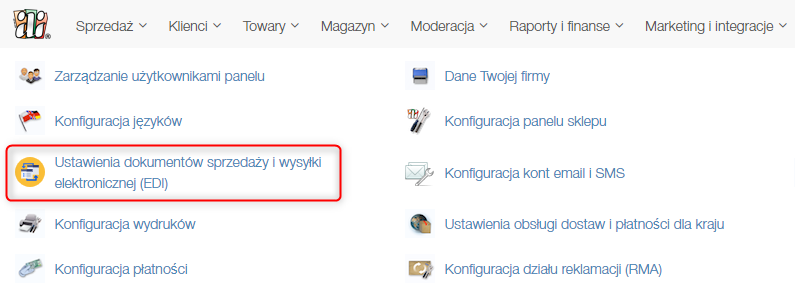Administracja / Ustawienia dokumentów sprzedaży i wysyłki elektronicznej (EDI)