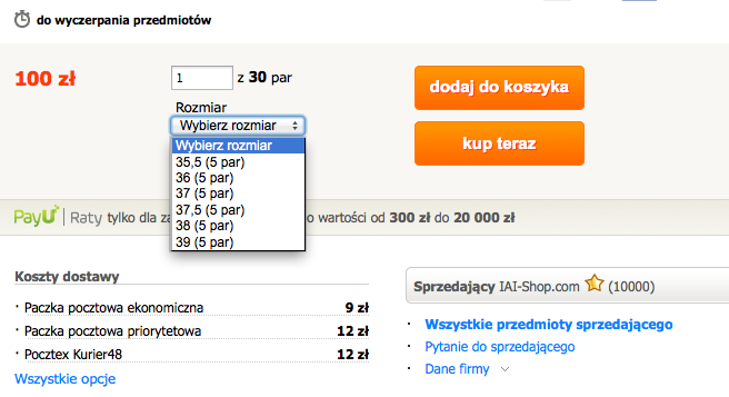 Aukcja wielorozmiarowa Allegro - wybór odpowiedniego wariantu rozmiarowego