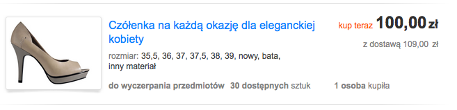 Lista towarów Allegro - widoczne dostępne rozmiary