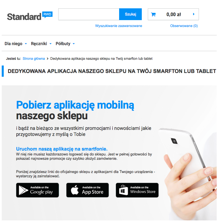 strona z CMS z zaproszeniem do pobrania aplikacji mobilnej