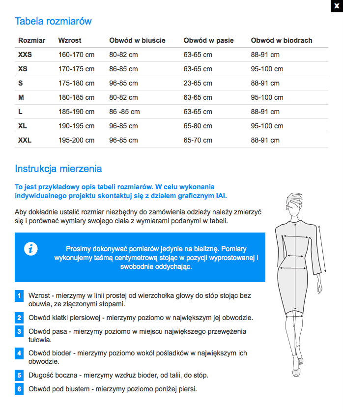 Tabela rozmiarów z instrukcją