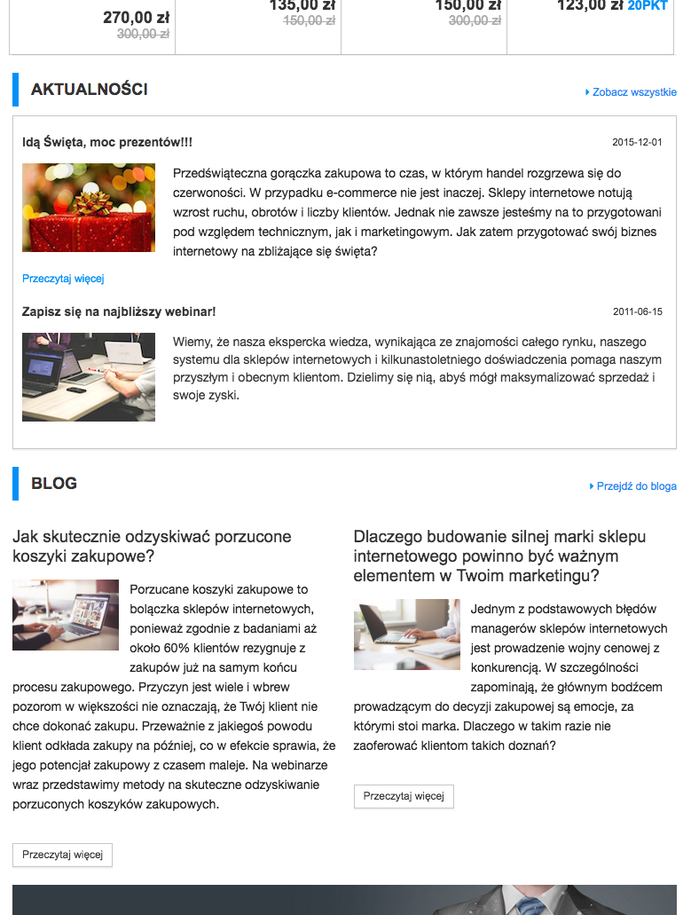 Strona główna sklepu z działami Aktualności i Blog