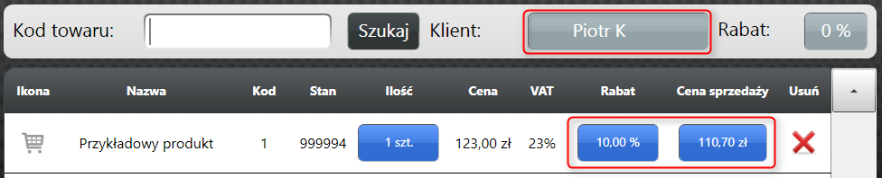 Cena towaru na paragonie po przypisaniu klienta i po naliczeniu rabatu