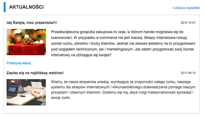 Blog i Aktualności - Widok wpisów w strefach na stronie głównej sklepu