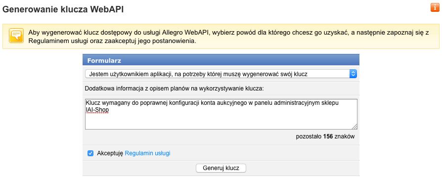 Generowanie kluczas webAPI - Generowanie kluczas webAPI