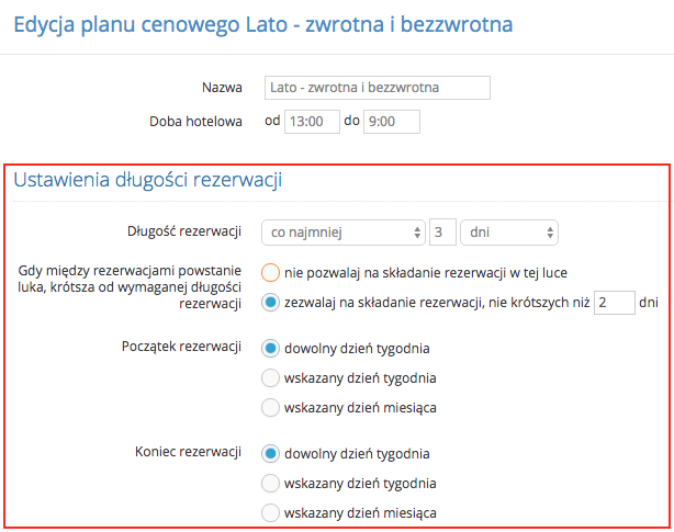 Ustawienia długości rezerwacji w planie cenowym