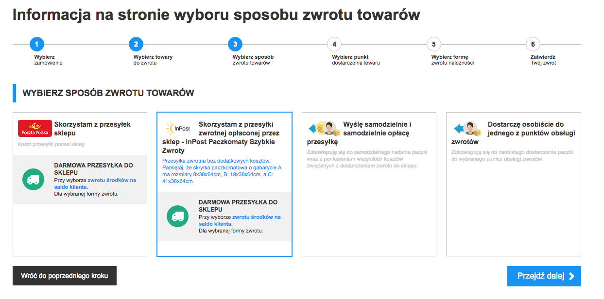 Wybór formy zwrotu zakupionego towaru w przypadku aktywnych przesyłek zwrotnych na koszt sklepu za p