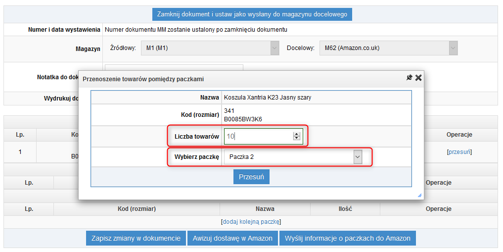 Przesuwanie towarów do innych paczek - Integracja, Amazon FBA, IdoSell, Fulfillment