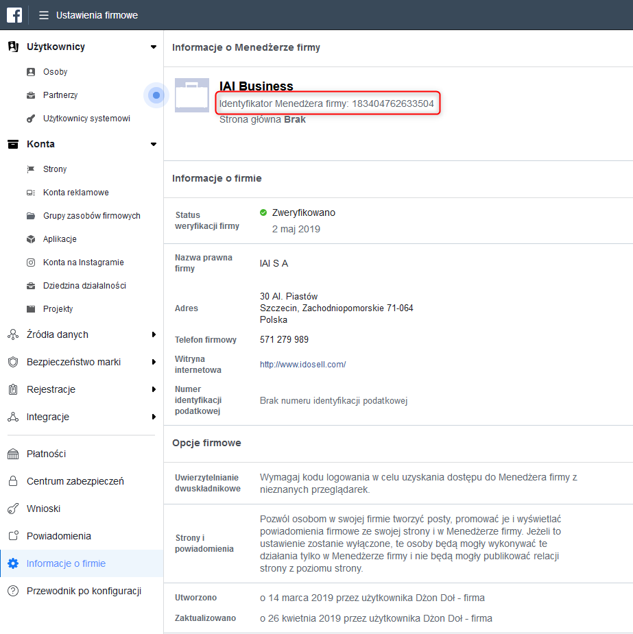 Ustawienia firmowe, IdoSell, Facebook Catalog, integracja