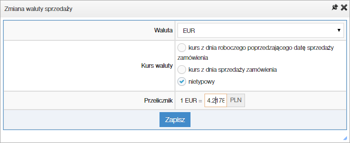 Edycja wysokości dodatkowej opłaty za wybraną formę płatności - Edycja wysokości dodatkowej opłaty za wybraną formę płatności