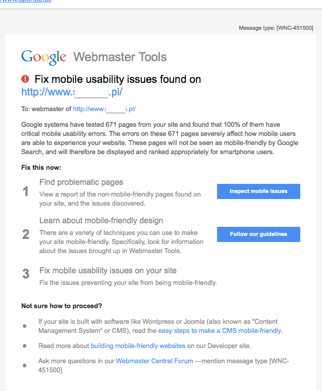 Ostrzeżenie Google Webmaster Tools o niedogodnościach dla użytkowników mobilnych