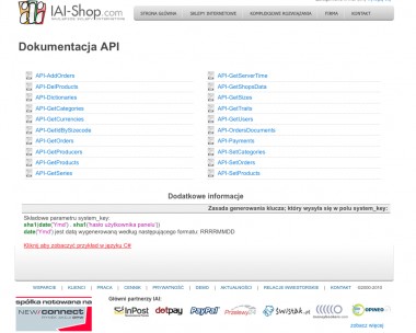 Pic. 1 - Widok na nową podstronę www.iai-shop.com/api.phtml zawierającą dokumentację wraz z przykładami zastosowań API i linkami do plików WSDL