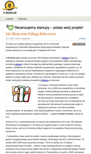 E-biznes.pl o nagrodzie dla IAI - Portal E-binznes.pl relacjonuje rozdanie nagród i wręczenie nagrody usługa roku dla IAI S.A. za IAI-Shop.com
