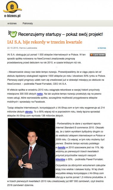 E-Biznes.pl o III kwartale 2010 r. - E-Biznes.pl opisał rekordowe wyniki IAI S.A. w trzecim kwartale 2010 roku. To szczególnie ważna informacja dla inwestorów.