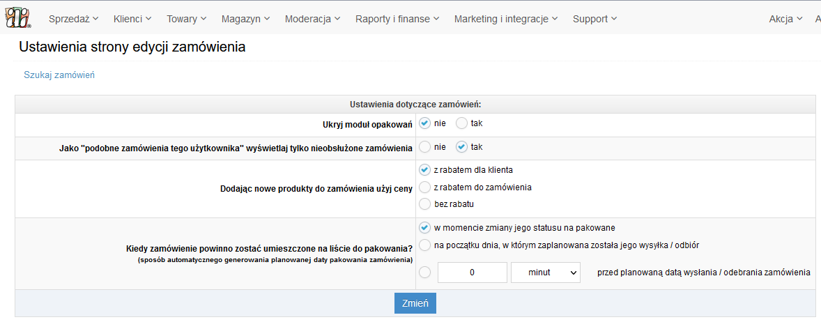 Edycja zamówienia / Ustawienia strony edycji zamówienia