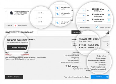 A cart subpage includes a comprehensive summary of products value along with information about the expected date of handling the order, delivery costs, the amount saved due to discounts, balance and eventual number of loyalty points. Additional information that may appear include the possibility to choose bonuses, using discount codes and threshold discounts.
