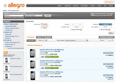 Pic. 1 - Przykład prezentowania ofert Katalogu Produktów w Allegro po wpisaniu w wyszukiwarkę "iphone 4s"