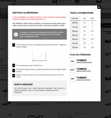Pic. 2 - Przykładowa tabela rozmiarów dla obuwia wraz z instrukcją mierzenia.