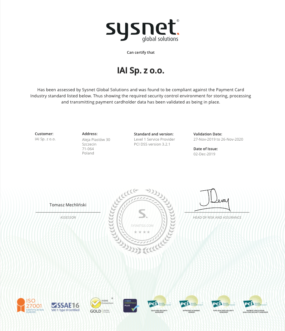 IAI sp. z o.o. PCI DSS level 1 certyfikat
