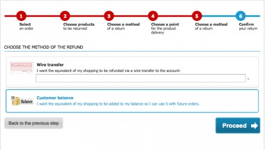Step 5 - selection of a refund (in case of a bank transfer, providing a bank account number is required)