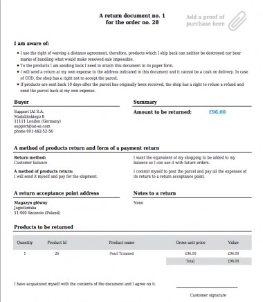 Returns - a ready-to-download document which a customer only has to print and send to a shop